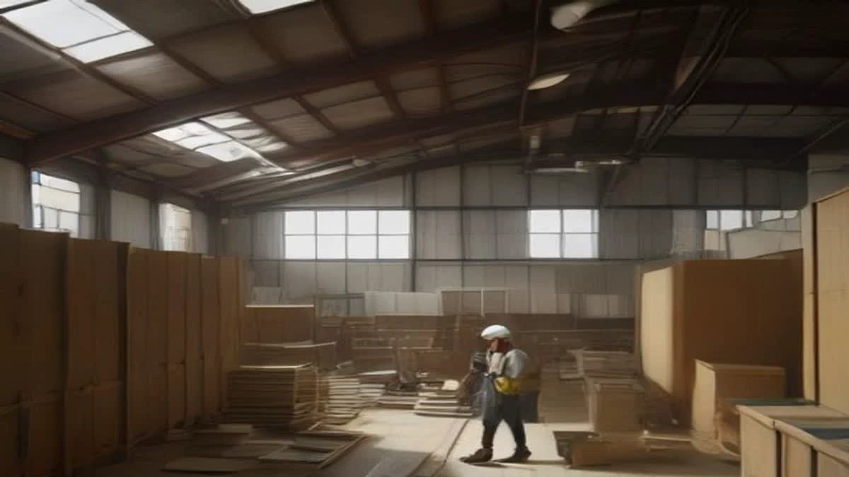 slight low angle of a factory production line with machinery and a worker in a hard hat checking output (illustrative image)
