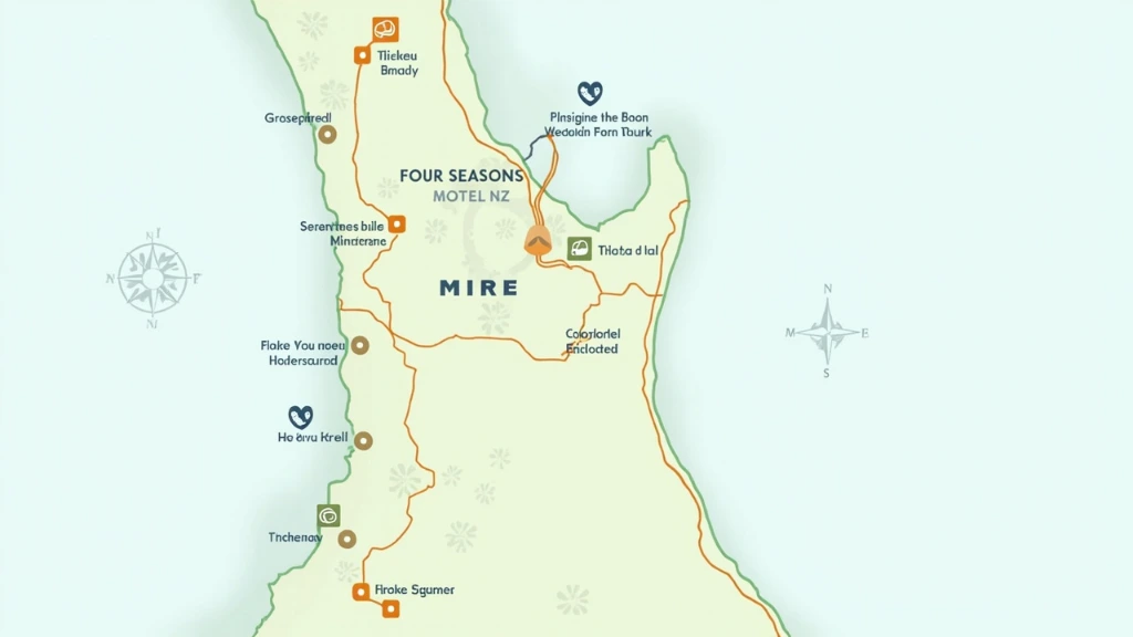 Stylised regional map showing Four Seasons Motel NZ position on Thermal Explorer Highway with drive-time rings.