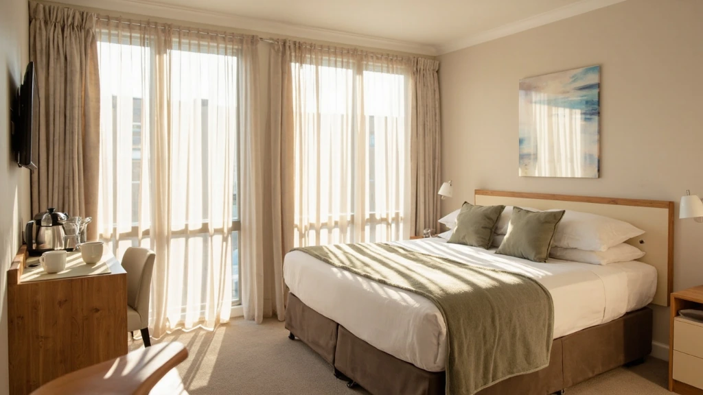 Afternoon light inside a Four Seasons Motel studio with a queen bed, kitchenette bench and 50-inch smart TV.