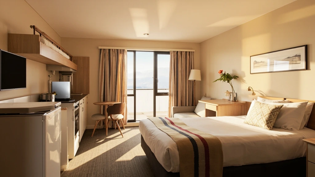 Family studio with queen bed and bunk beds plus a full kitchenette.